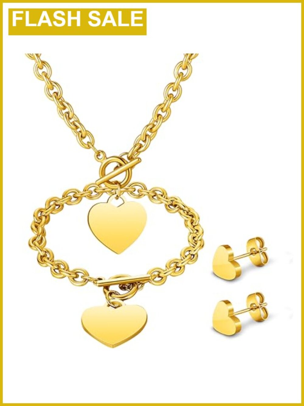 Stainless Steel Heart Necklace Bracelet Earrings Set 3 Pc Jewelry Gift